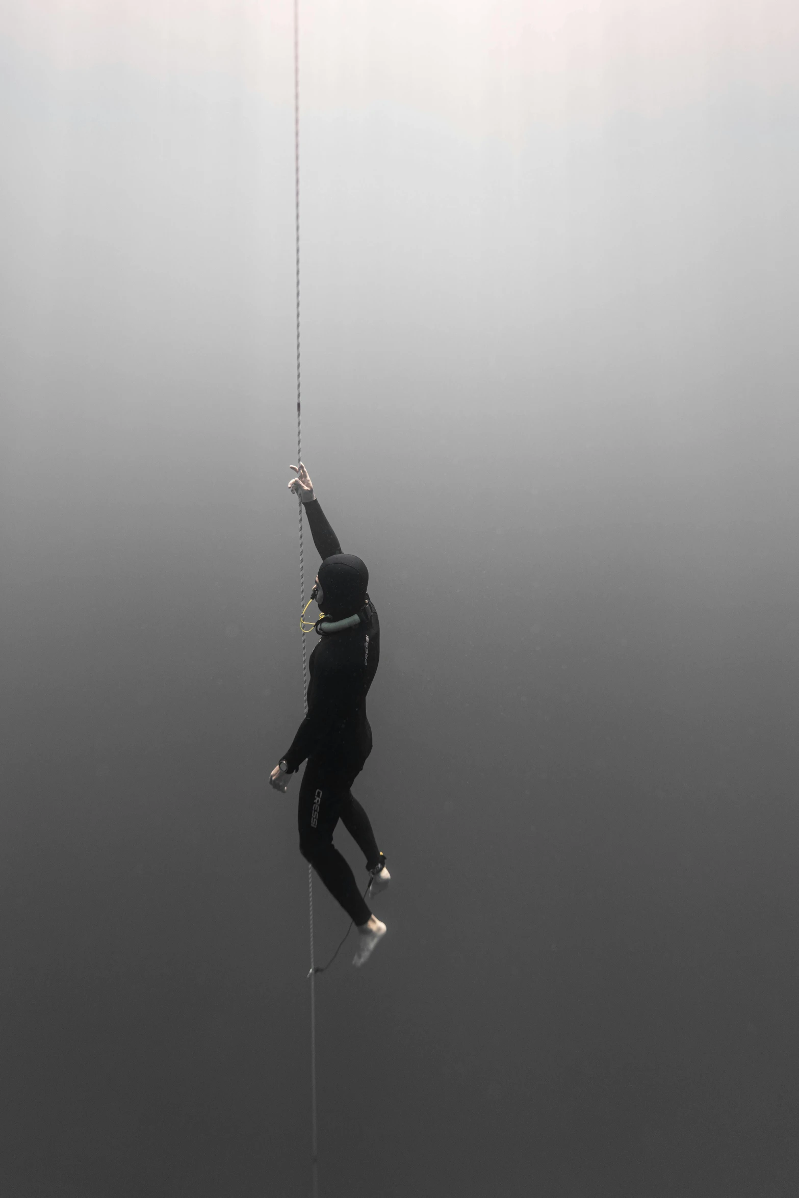 a person hanging on to a rope suspended above water