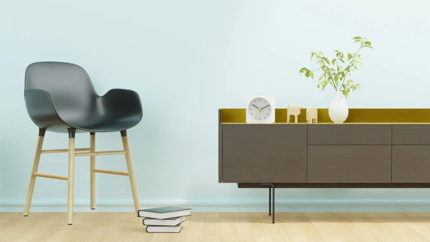 this room has a chair, a sideboard and a plant in it