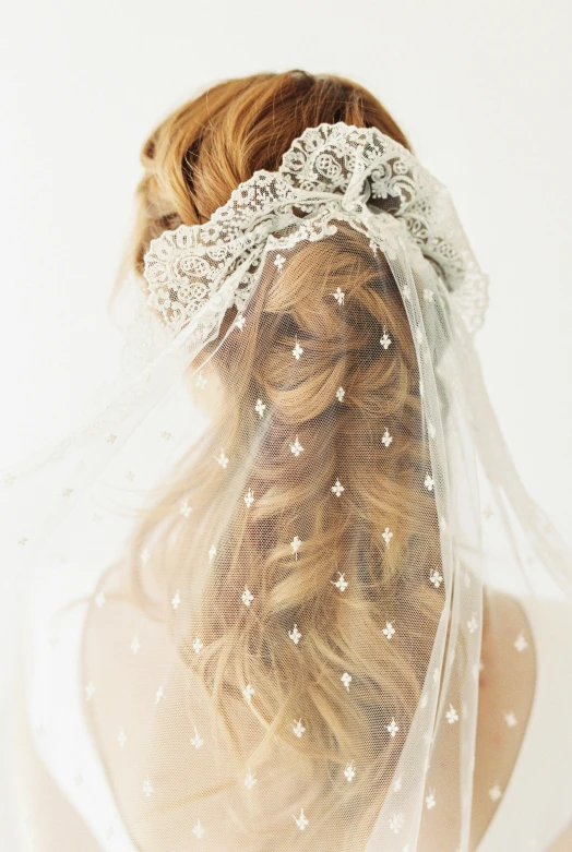 a woman with a veil over her head and stars and dots on the lace