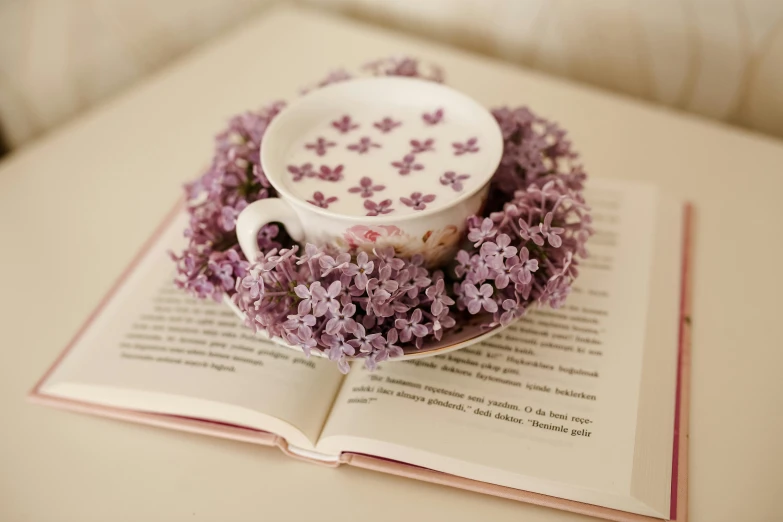 a book with purple flowers around the pages