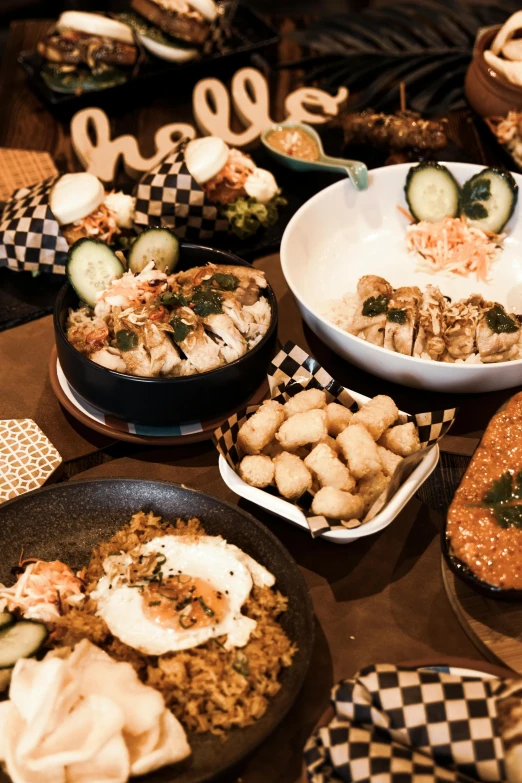 the table is set with various prepared dishes