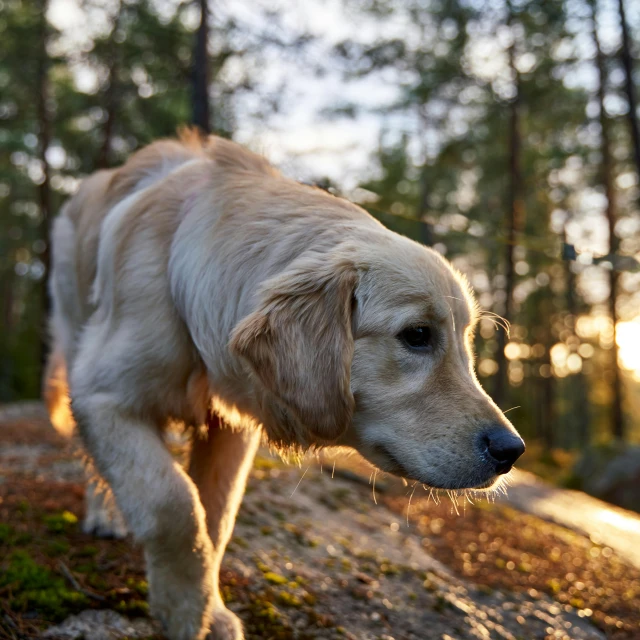 a large white dog walks along the woods