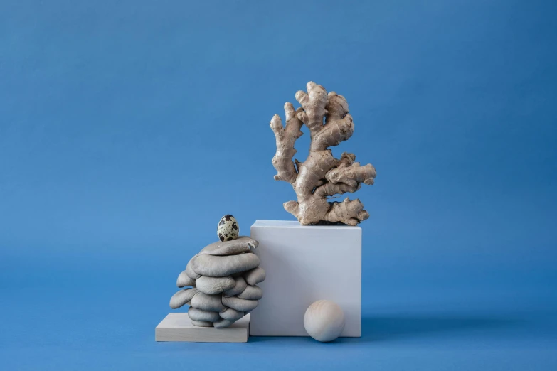 a rock sculpture of a tree and a bowl of white rocks