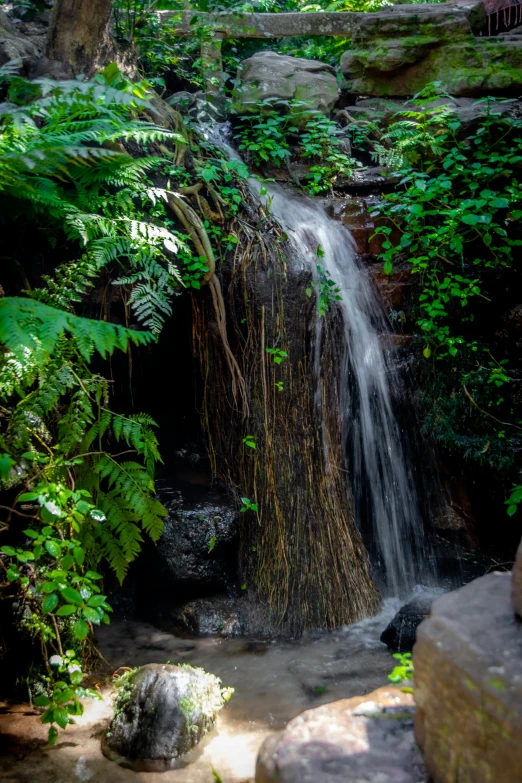 a waterfall in the middle of lush green jungle