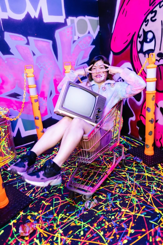 a person in a cart with a television sitting on top of it