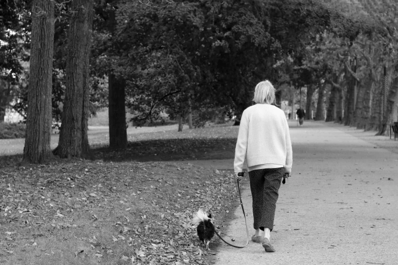 a woman walks with her dog on a leash