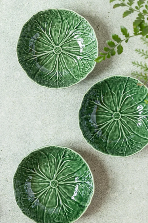 three green bowls with leaf designs sit next to a plant