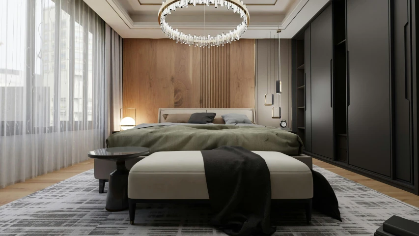 a large bedroom with wooden walls and light fixtures