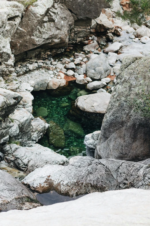 a stream of green water between rocks