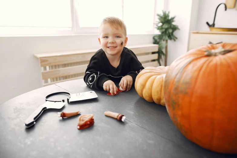 a  sits on a table by a pumpkin