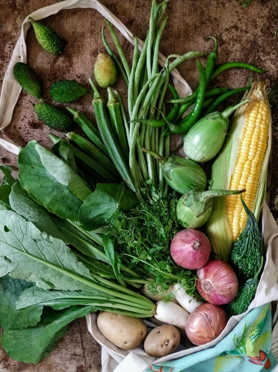 vegetables sitting on top of a cloth in a bowl