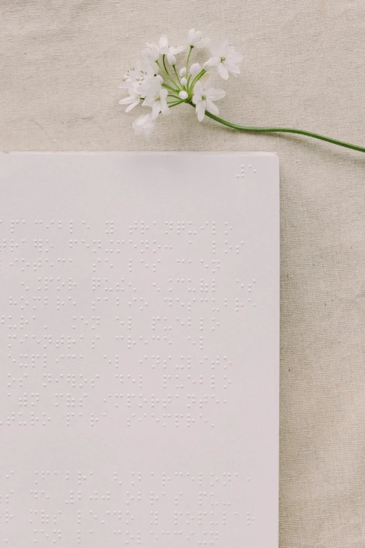 a white note laying on top of a pile of paper next to a flower