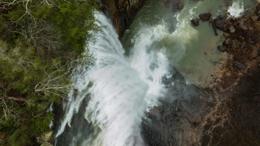 an aerial view of the waterfall, as it looks from above