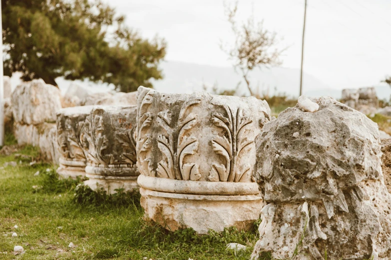 some old, fancy columns in the grass