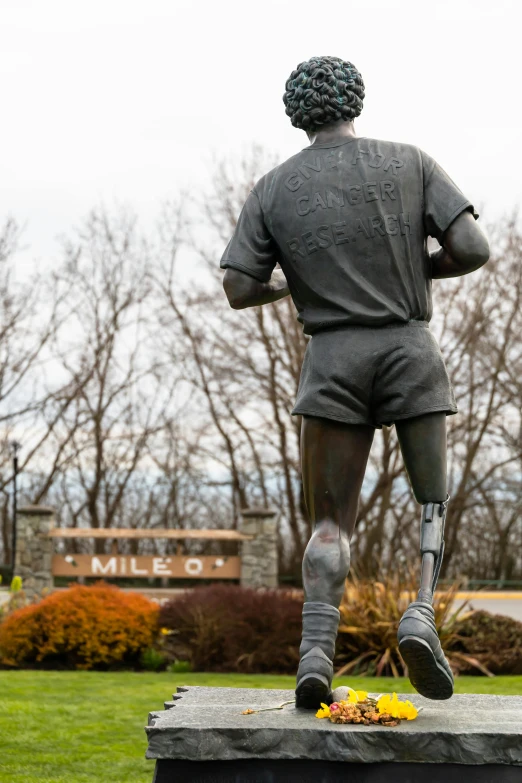 the statue is located in a park with trees