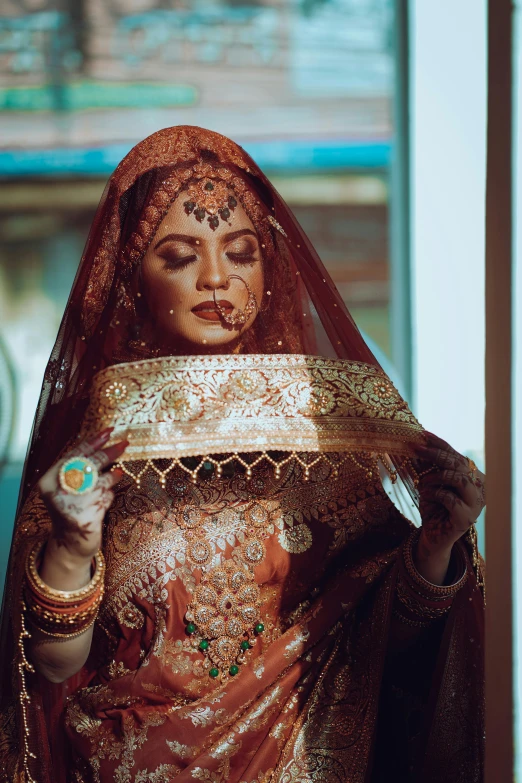 a woman in a colorful costume with some food