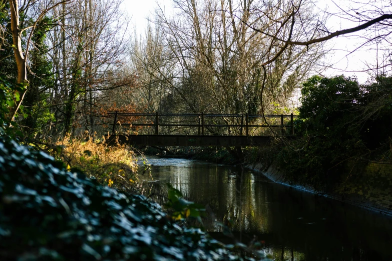 a small bridge crossing a river next to green trees