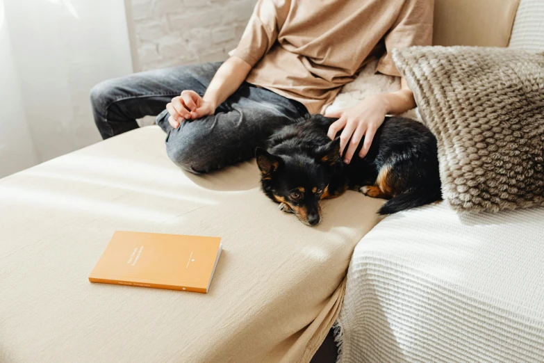 a man and his dog lay on a couch