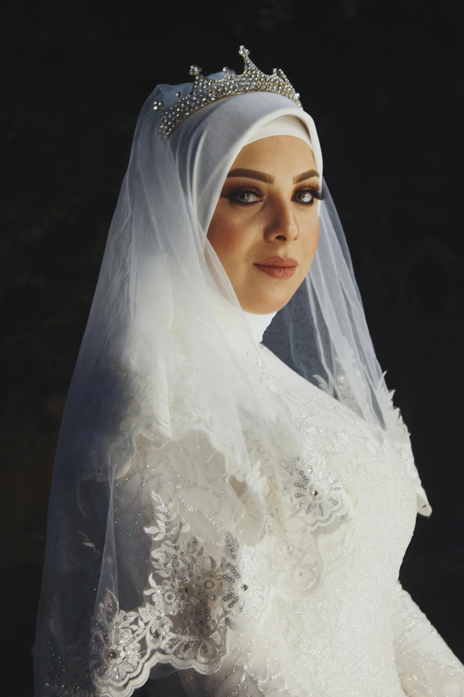 a close up of a bride with a veil and tiara