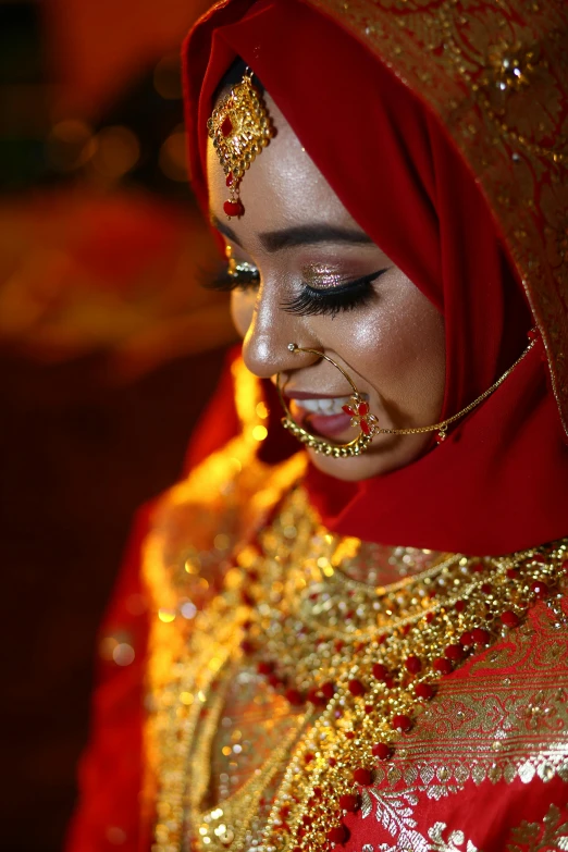 a beautiful woman in an elaborate red outfit