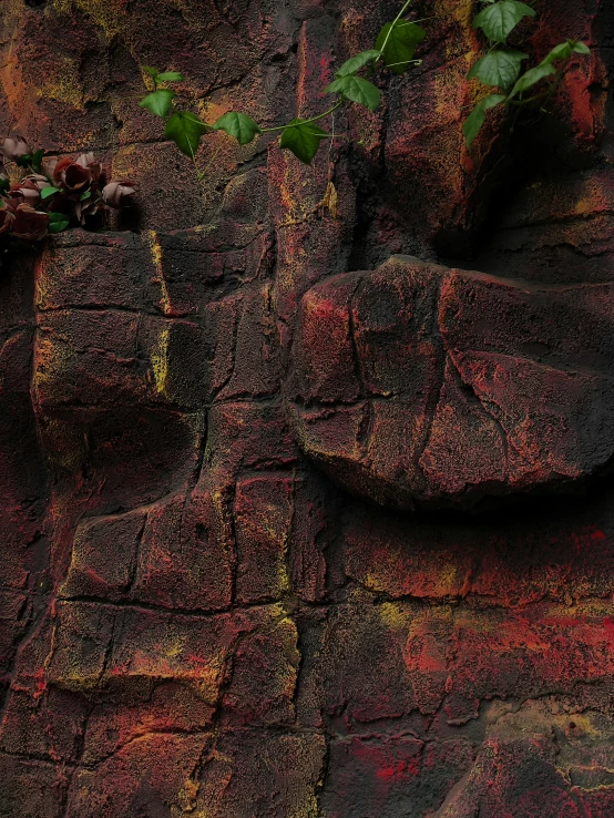 leaves are splatkled on this rock face