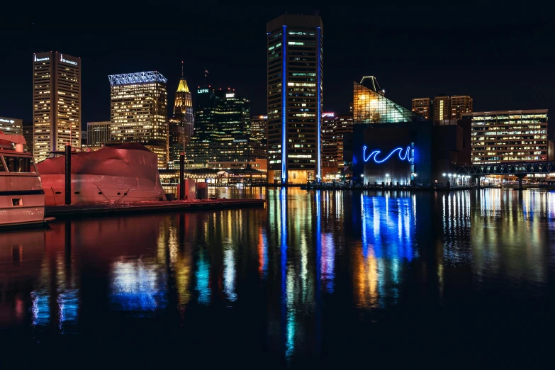 a city view from the water at night