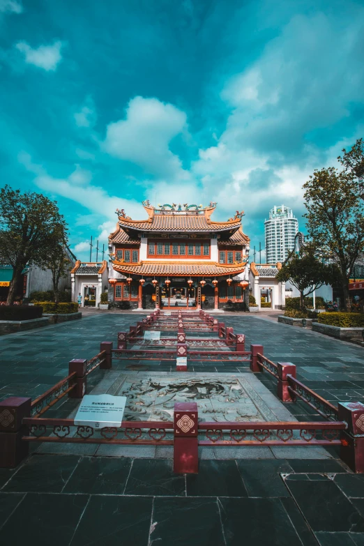 a park with a pavilion and benches