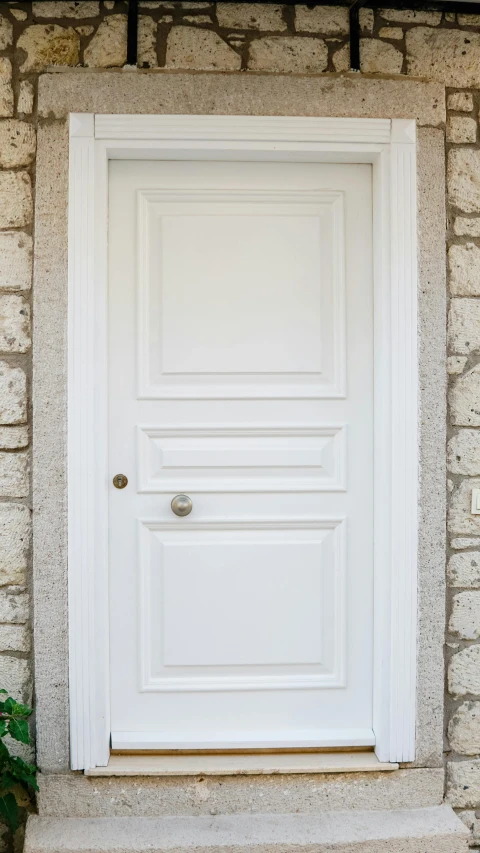 a white door and some plants outside of a stone building