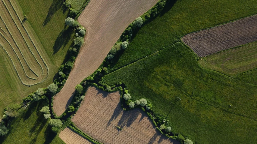 an aerial view of the fields and roads