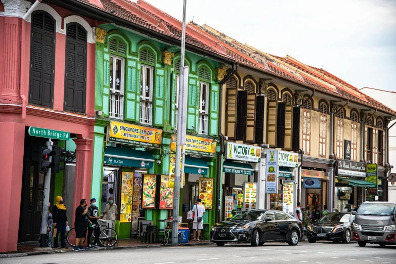 the colorful buildings are the focal point in this city