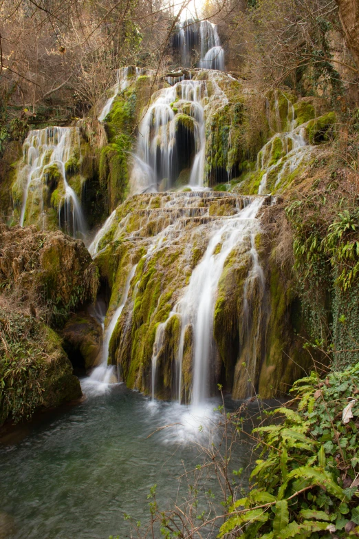 waterfall flowing down a river into green vegetation