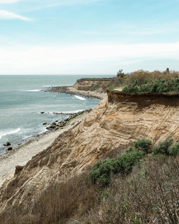 the view of a beach and ocean from a cliff