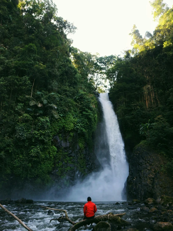 a man on a rock by a waterfall