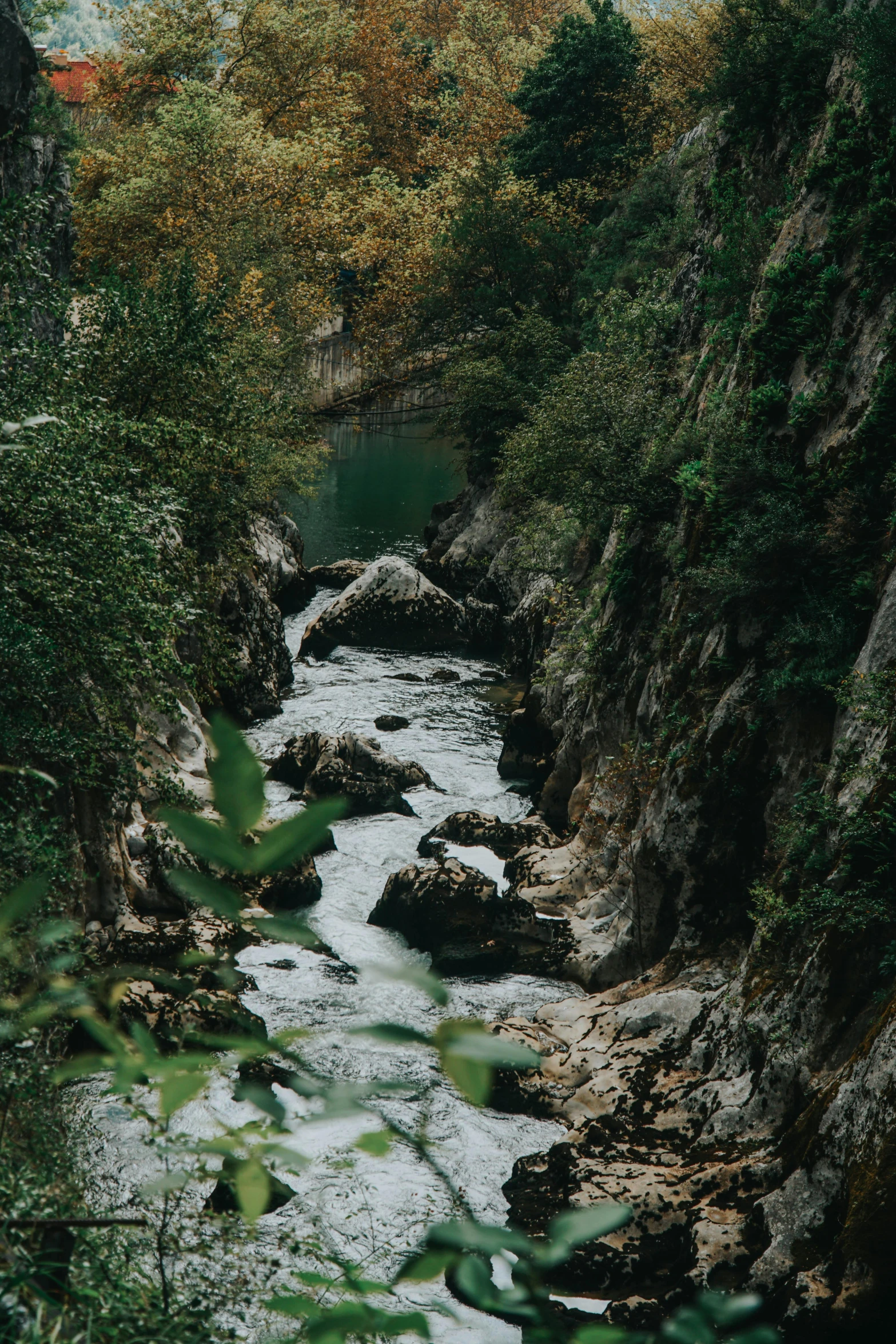 small stream flowing between two large rocky mountains