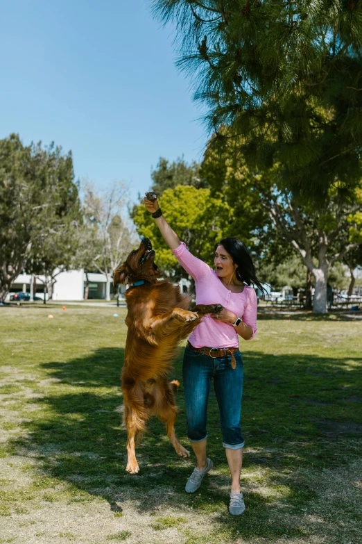 a woman is playing frisbee with her dog