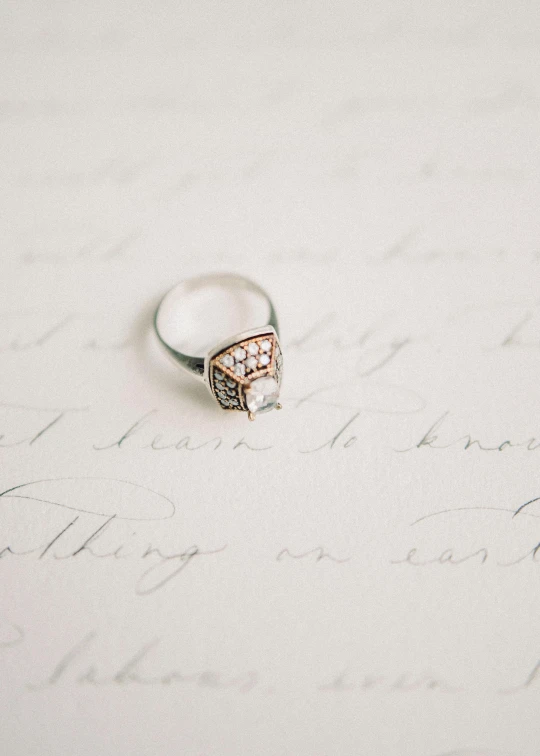 a ring sitting on top of a piece of paper