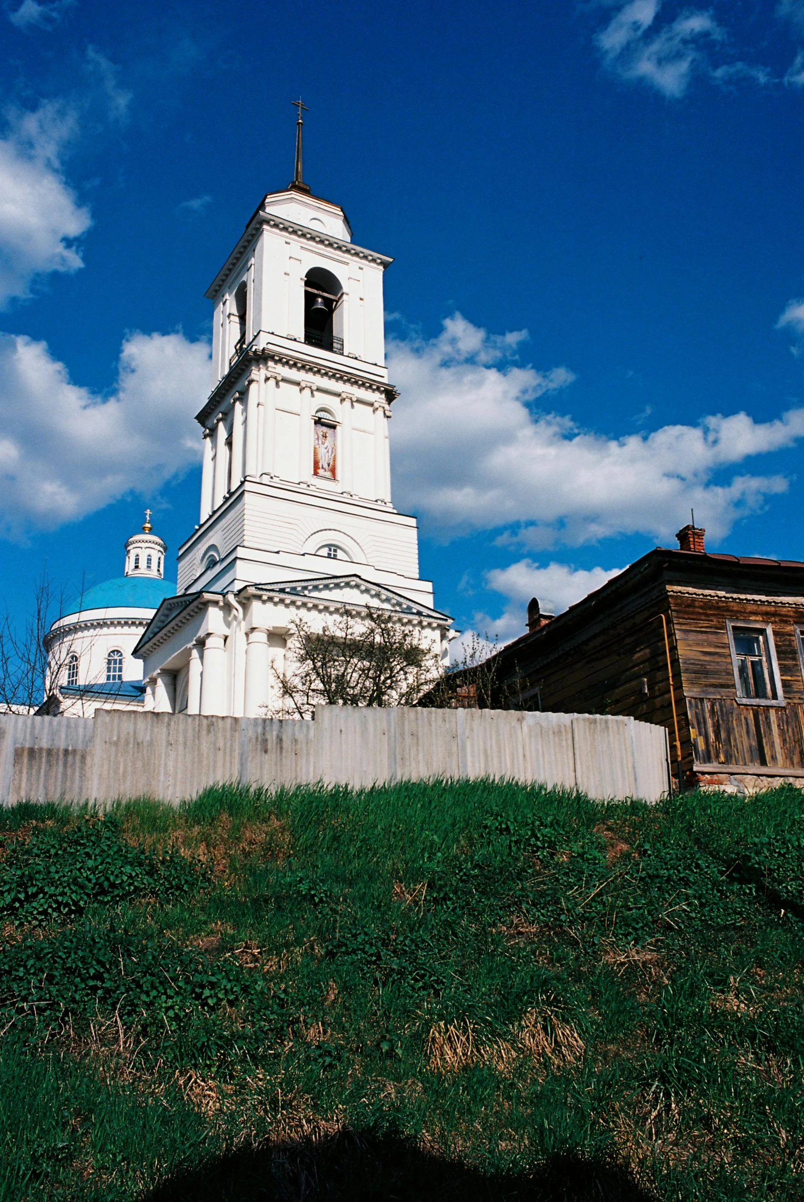 the large white church has two spires