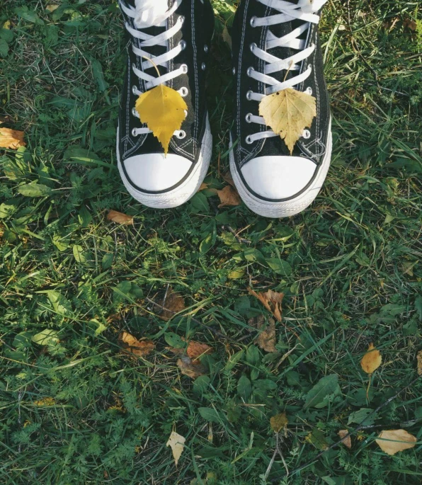 the view from above a pair of black sneakers in grass