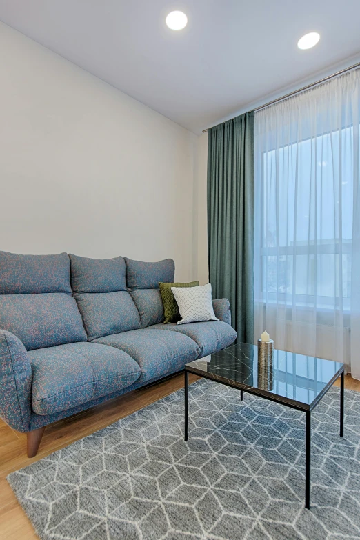 a living room with a couch and table and a rug