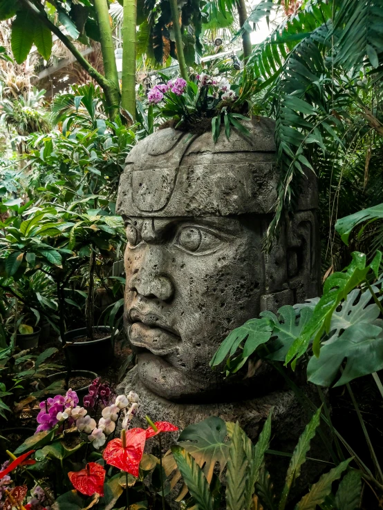 a statue is surrounded by many tropical foliage