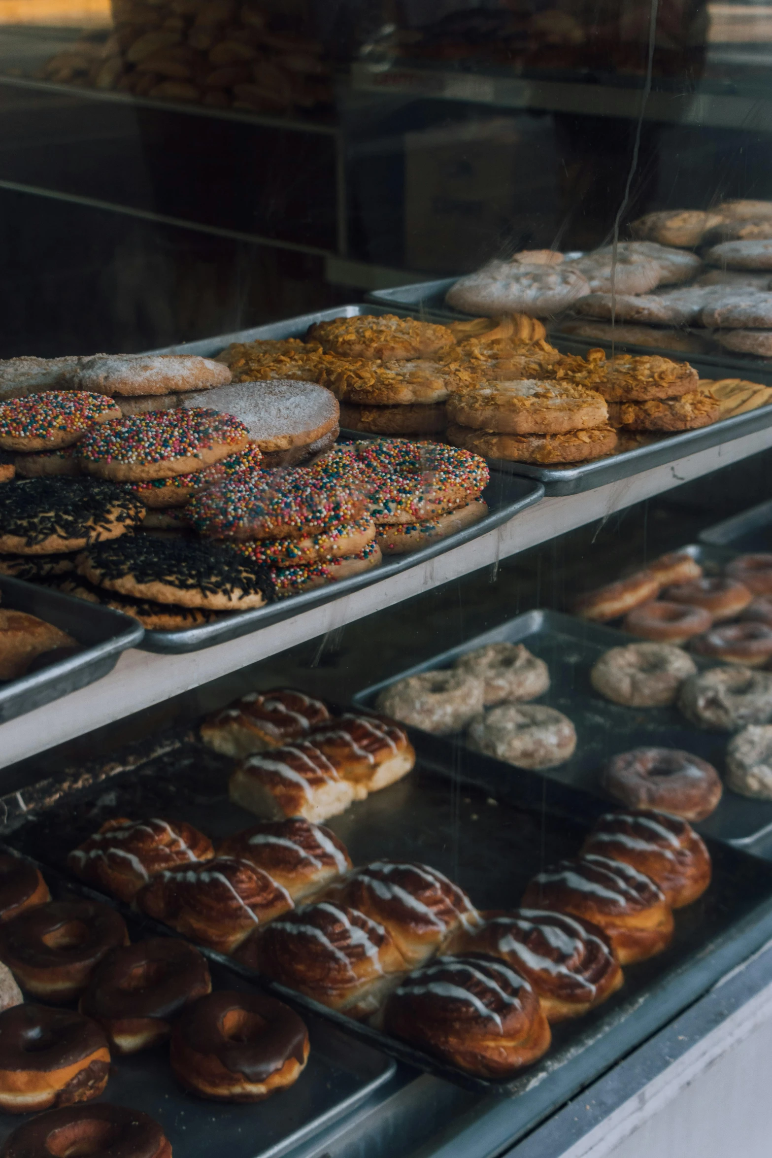 a case with some different kinds of doughnuts