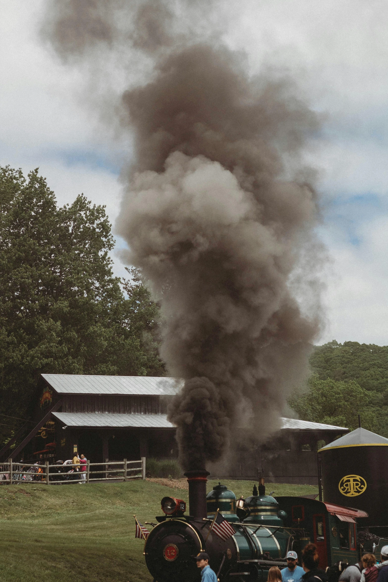 a steam engine and train blowing smoke on top of a field