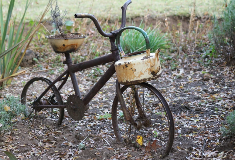 a rusted bicycle is parked in some leaves