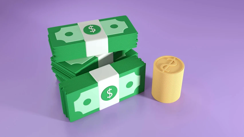stacks of money next to a roller coaster on purple background