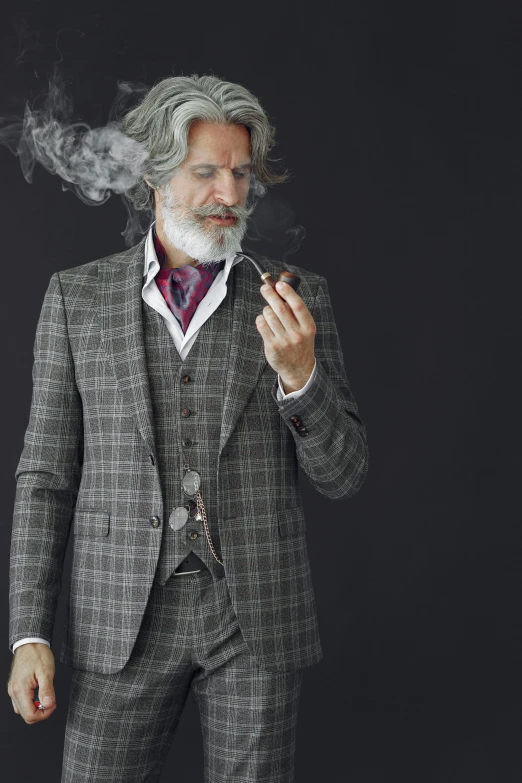 a man in an all - over suit and smoking