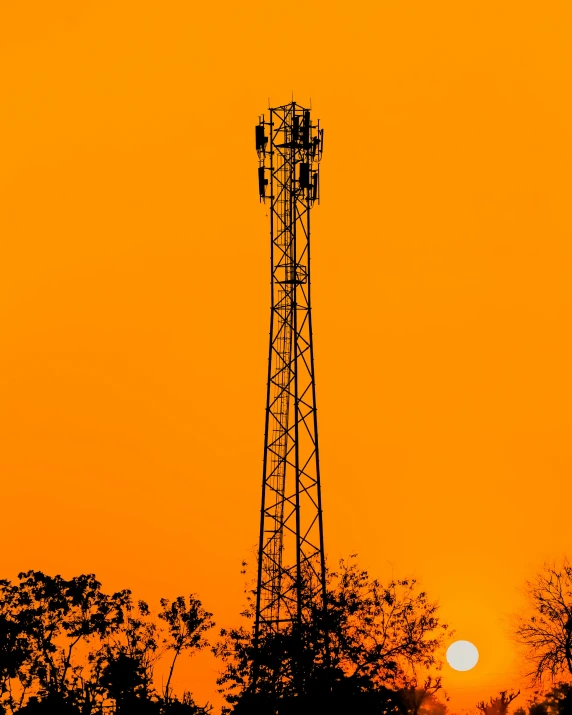 a phone tower sitting above trees in the sun setting