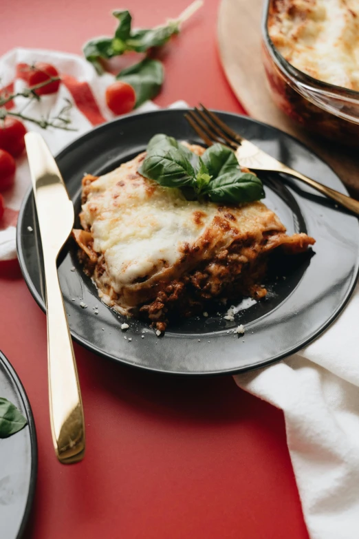 a plate with lasagna and a fork on a table