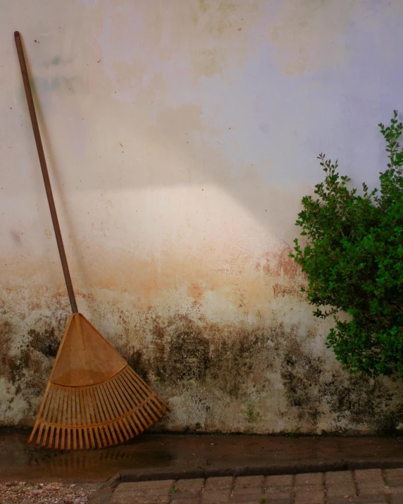 there is a broom sitting on the ground by a wall