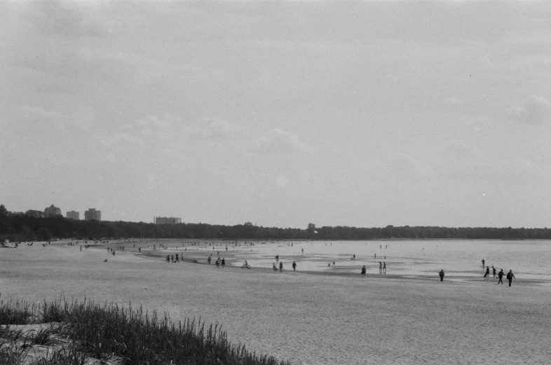 a beach on a cloudy day with people standing in the water