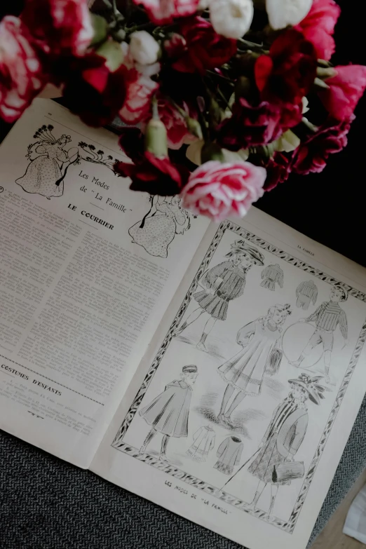 the book has illustrations on it and flowers